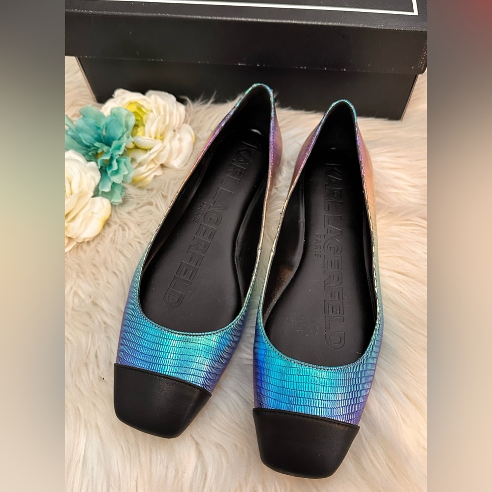 Karl Lagerfeld Paris Zayna MultiI Colored Metallic Black Flats Sz 9M NEW! FIRM! - Picture 7 of 10